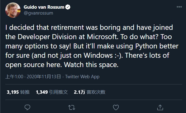 Python 之父 Guido van Rossum 退休失败，正式加入微软