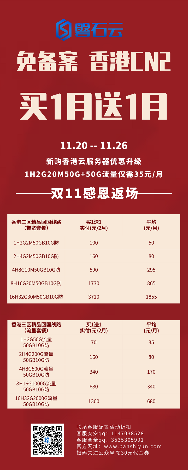 [磐石云]双11感恩返场 香港精品回国CN2服务器买1月送1月