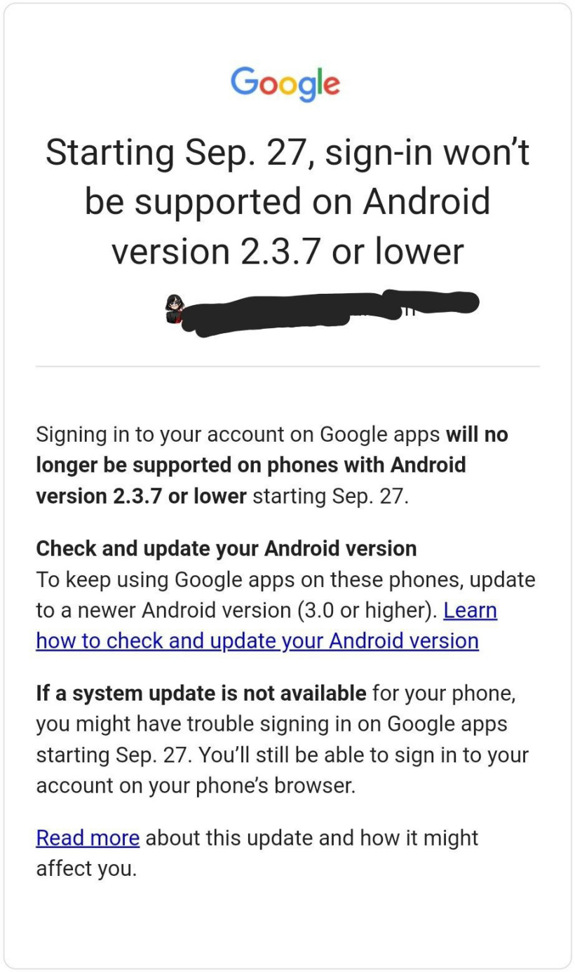 谷歌将关闭安卓 Android 2.3.7 及以前版本的账号登录