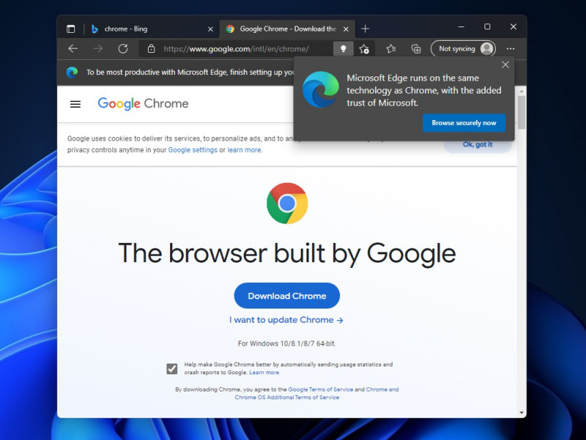 微软 Windows 11 Edge 弹窗警告，试图阻止用户下载 Chrome 浏览器